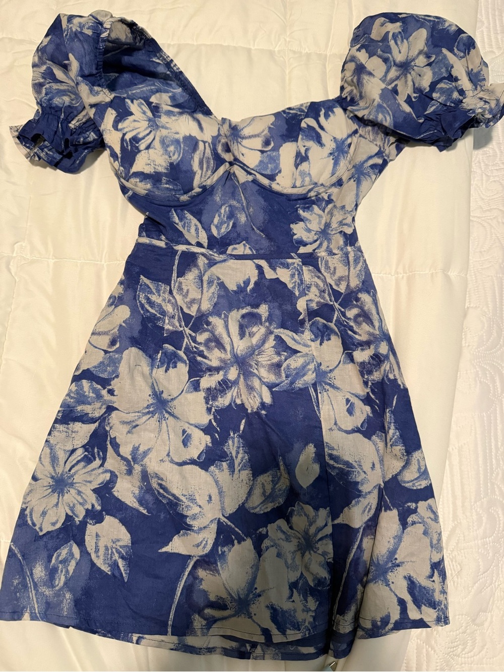 Olivaceous Blue and White Floral Puff-Sleeve Mini Dress